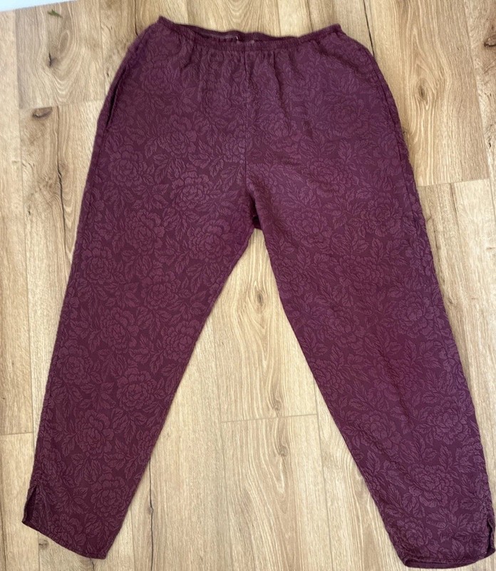 Uru Embossed Washable Silk Elastic Waist Deep Plum Pants, One Size
