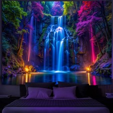 Blacklight Waterfall Tapestry UV Reactive Wall Hanging Dark Neon Forest Nature
