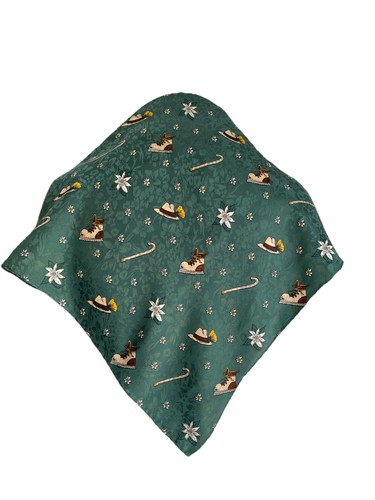 Green Alpine Motif Silk Scarf Vintage Edelweiss Hiking Theme Unbranded#A57