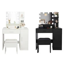 Vanity Table LED Lighted Mirror Dressing Table w/ Dresser Storage Cabinet Stool