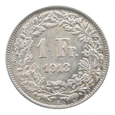 SILVER - Quarter-Sized - 1913 Switzerland 1 Franc - World Silver Coin *207