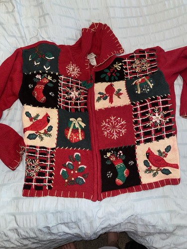 Room Collection Women's L Red Christmas Patchwork Full Zip Cardinal Cardigan