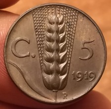 Moneta 5 Centesimi 1919 Spiga, Vittorio Emanuele III, Non Comune, qFDC, Rif.8542