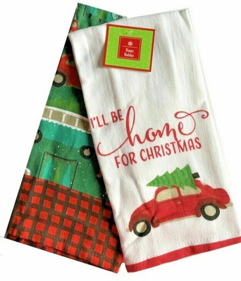 Car Bus Bug Kitchen Dish Towels 100% Cotton Set of 2 I'll Be Home for Christmas