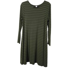 Old Navy Women's Skater Olive Green Black Striped Long Sleeve Swing Dress Medium