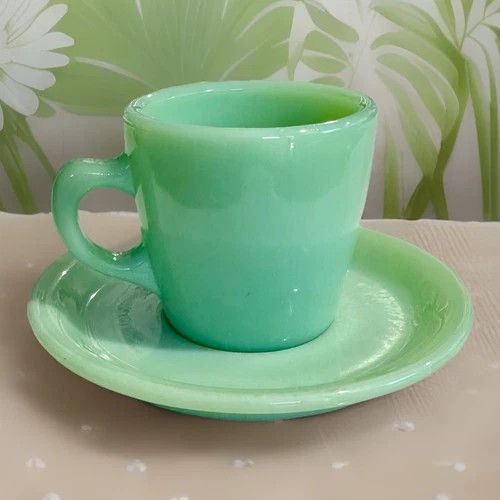 Vintage Fire-King Jadeite Ovenware Restaurant C Handle Cup and Saucer-Heavy Duty