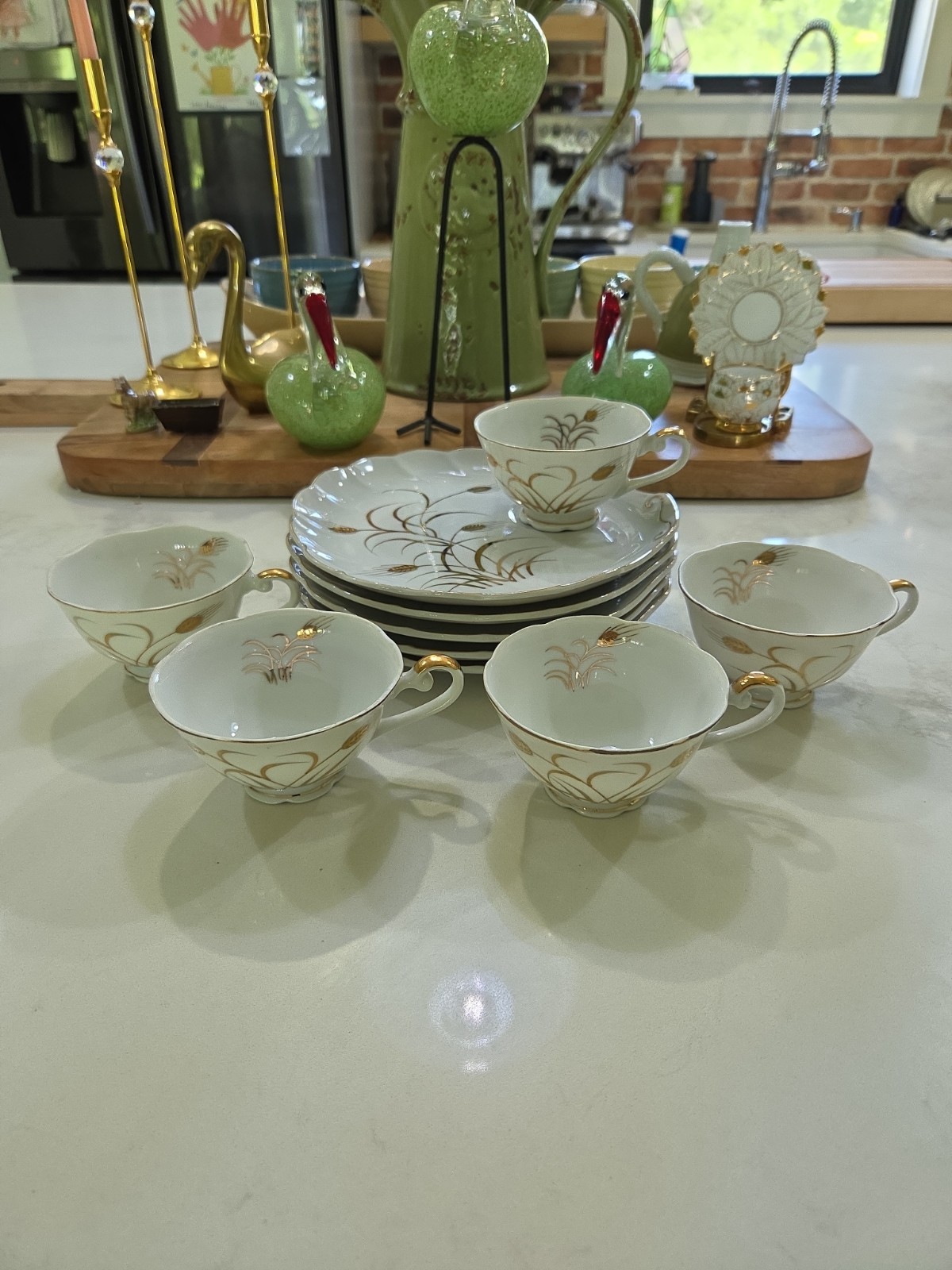 Set of 5 Vintage Lefton China Wheat Snack Plate and Tea Cups Rose Gold Trim