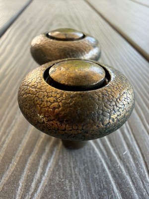 Pair Vintage Mid-Century Modern Textured Solid Brass Concentric Drawer Knobs MCM