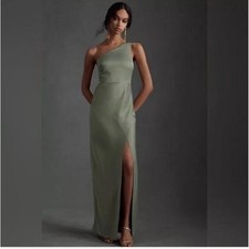 BHLDN One Shoulder Satin Maxi Dress Sage Green Slit Formal Gown US 16 NEW