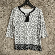 Talbots Top Womens Small Black Printed 3/4 Sleeve Tunic V Neck Tie 100% Cotton