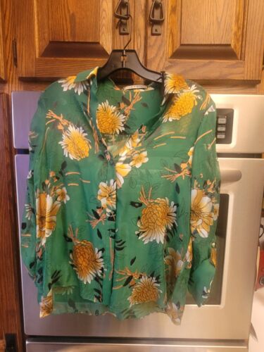 ALICE + OLIVIA Eloise Floral Silk Green Burnout Blouse with Roll Tab Sleeves