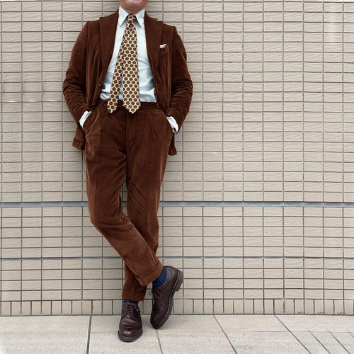Men's Retro Corduroy Suit Two Piece Single Breasted Jacket Pants Casual 2 Pieces - Picture 13 of 27