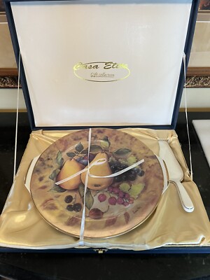 T. LIMOGES CAKE PLATE & PORCELAIN CAKE KNIFE, 2 PCS Fruit Pear signed ''Fiorilli