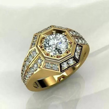 3 Ct Round Cut Real Moissanite Men's Engagement Ring 14K Yellow Gold Plated