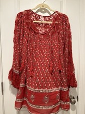 Free People Cotton Dress Baby Doll Mini Red Lace Foral Boho Batik Size XS