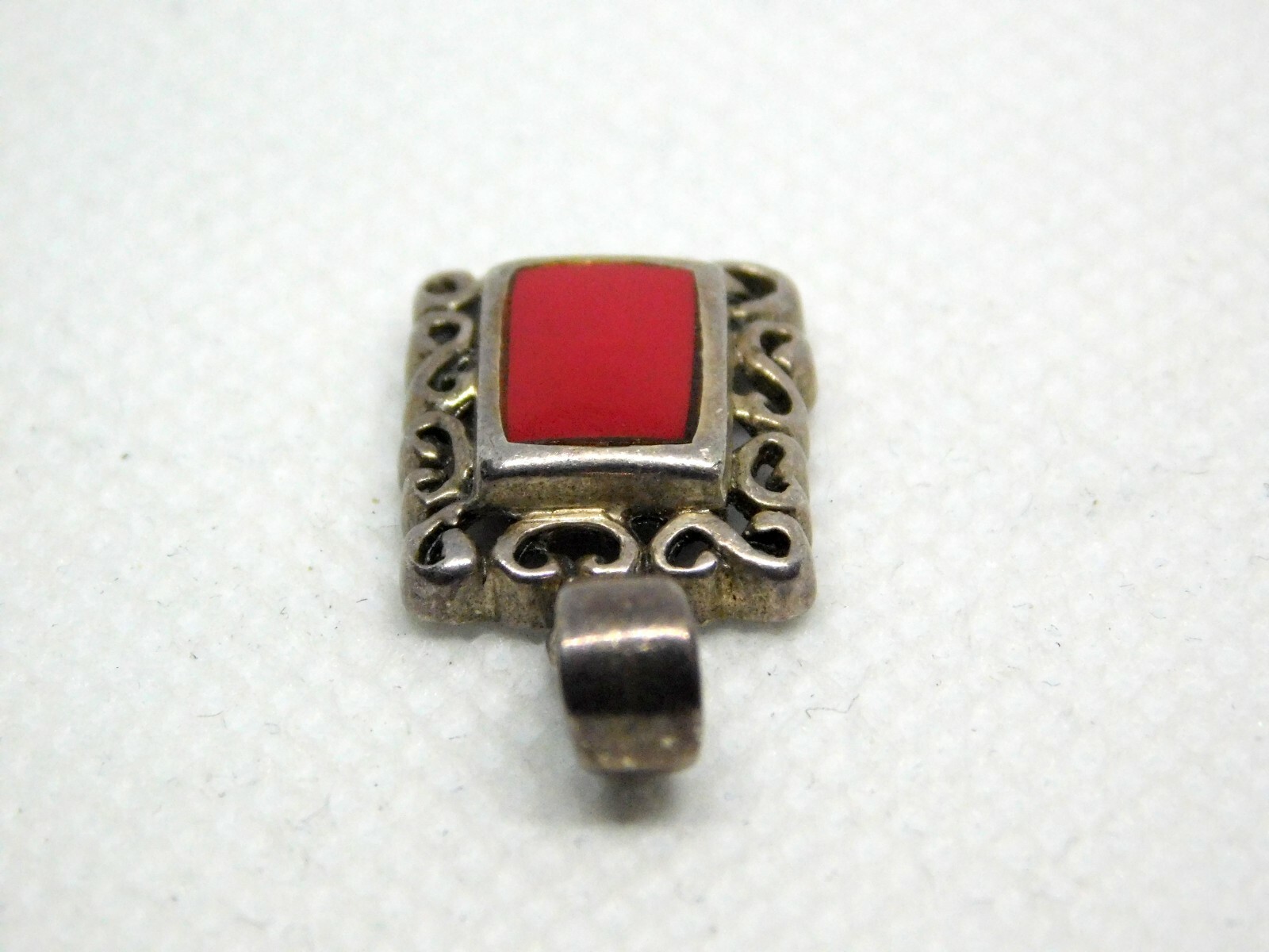 Sterling Silver Rectangular Red Enamel Pendant 92… - image 5