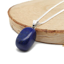 Lapis Lazuli Necklace Rectangular Blue Gemstone Nugget Pendant Silver Plated