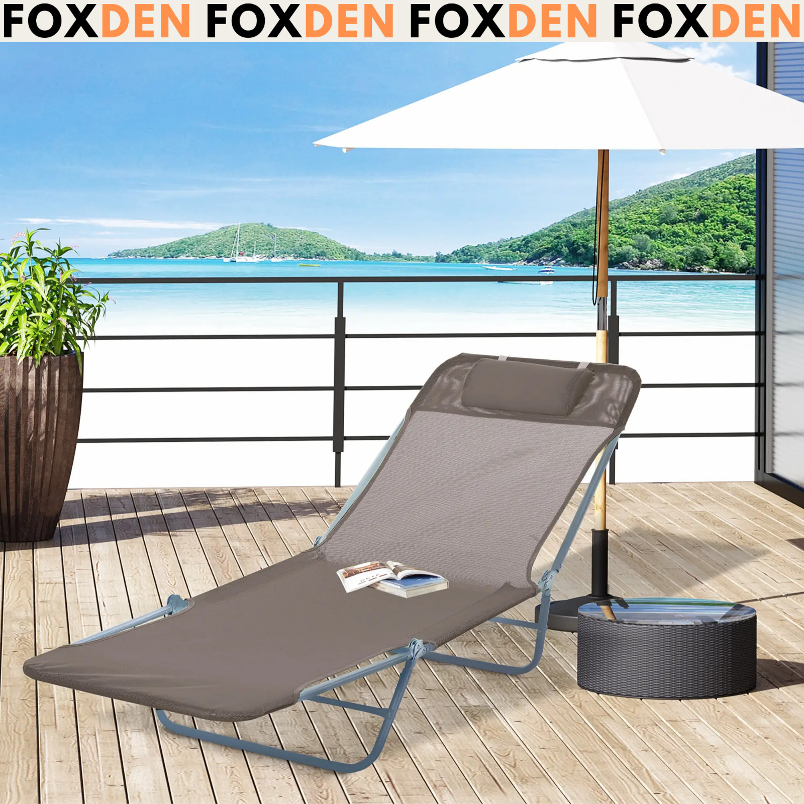 Sun Lounger Metal Frame Single Adjustable Recliner Foldable with Headrest Coffee