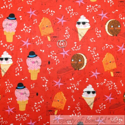 BonEful FABRIC FQ Cotton Quilt Red Pink B&W Ice Cream Cone Food Music Note Star - Picture 1 of 13