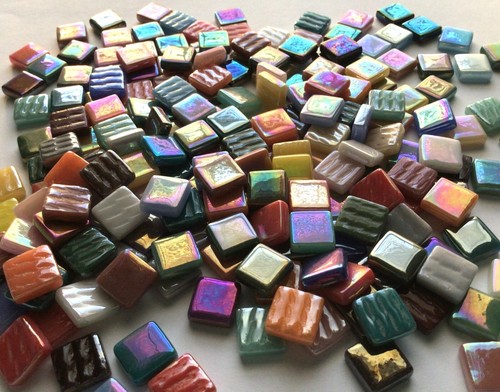100 Tiles Iridized Glass Square Mosaic Tile Pieces - 12 mm x 4 mm - Mixed Colors - Picture 6 of 7