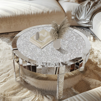 Mirrored Coffee Table Round Silver Accent Beveled Glass Edge Crystal Side Table
