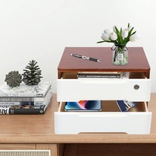 2-Tier Wooden Desktop Storage Box Desk Organizer for Office with Lockable Drawer