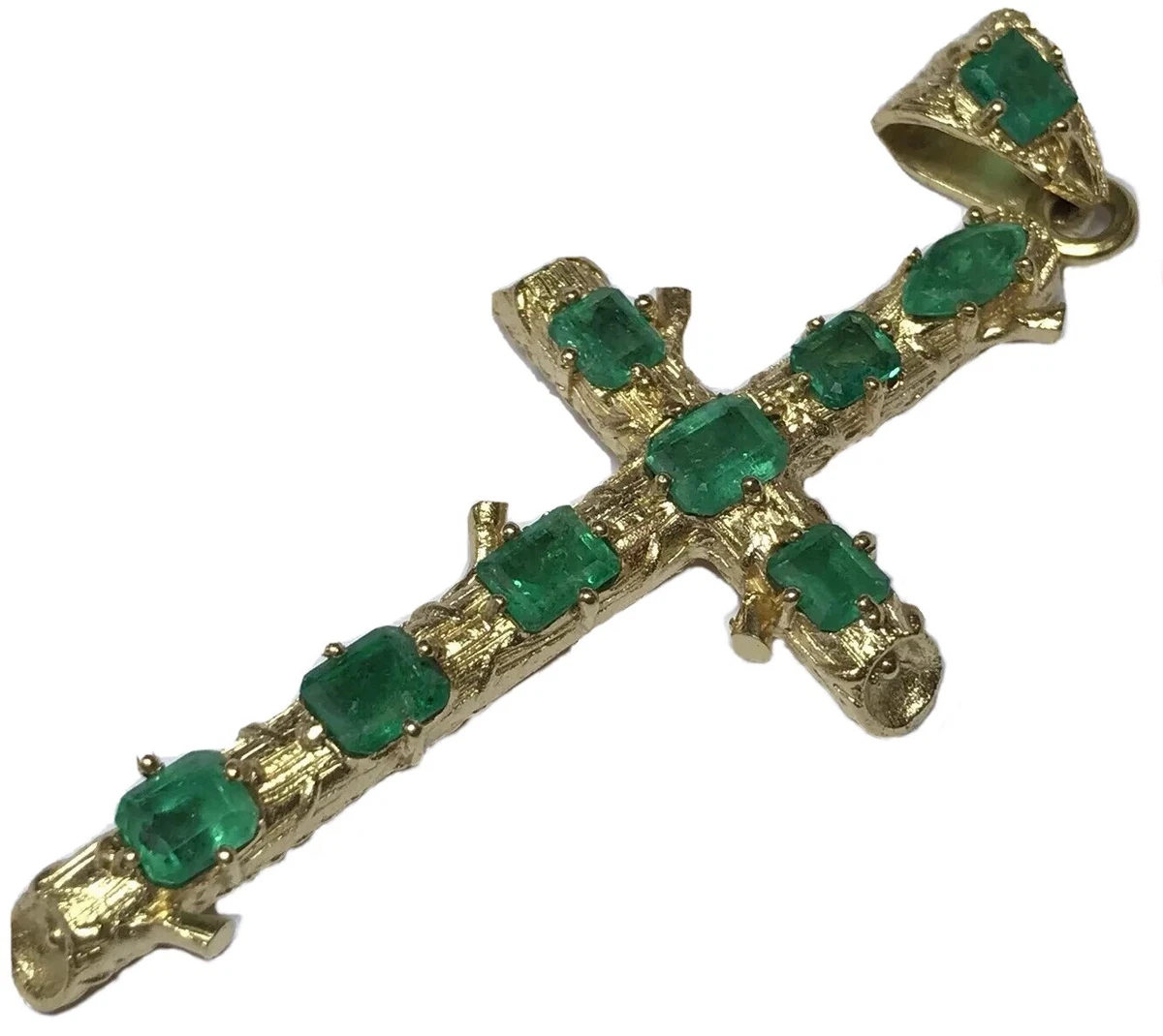 LARGE VINTAGE 14K YELLOW GOLD 2.5CT NATURAL GREEN EMERALD CROSS MENS PENDANT