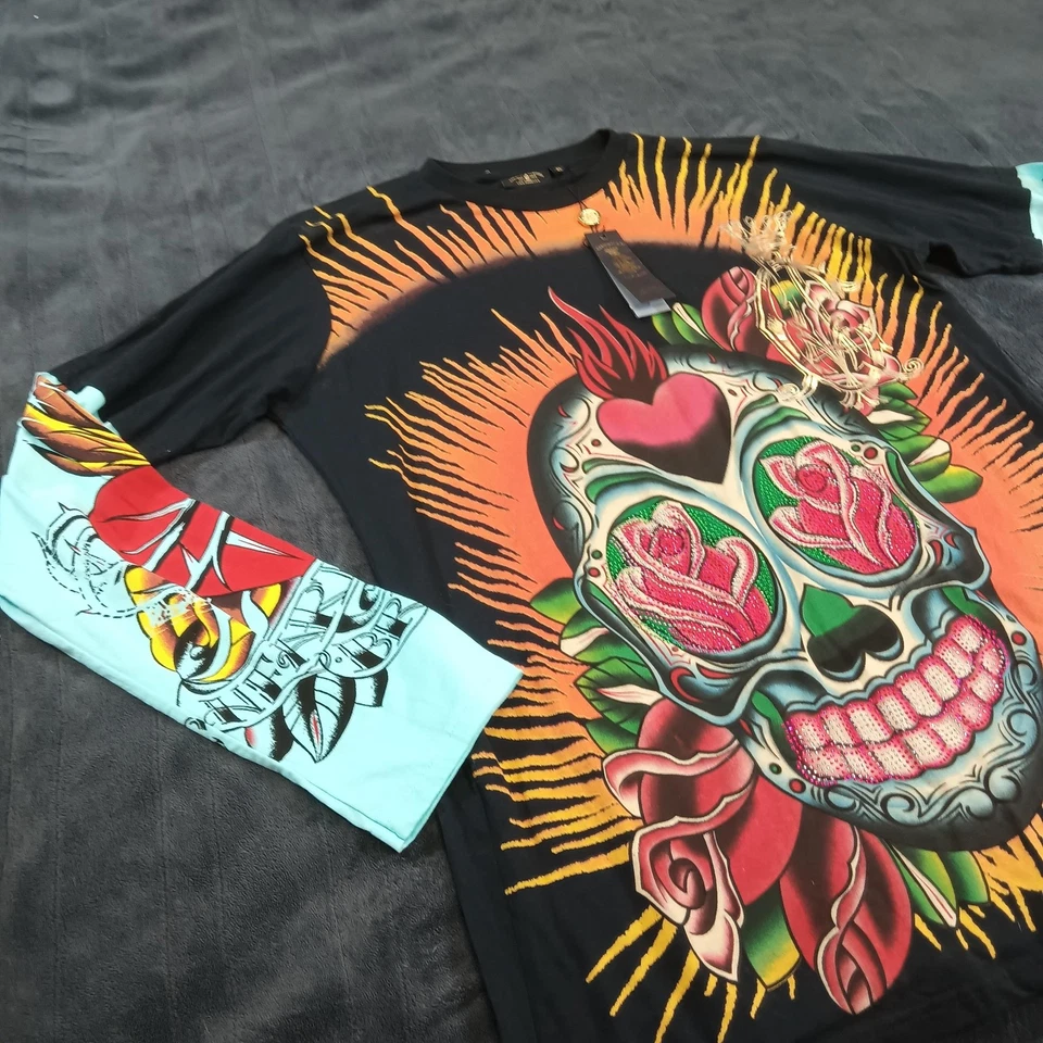 NUEVO CON ETIQUETAS Camisa Christian Audigier Con Cuentas Calavera Rosa Para Hombres XL Manga Larga Ed Hardy Rara Foto 3 de 4