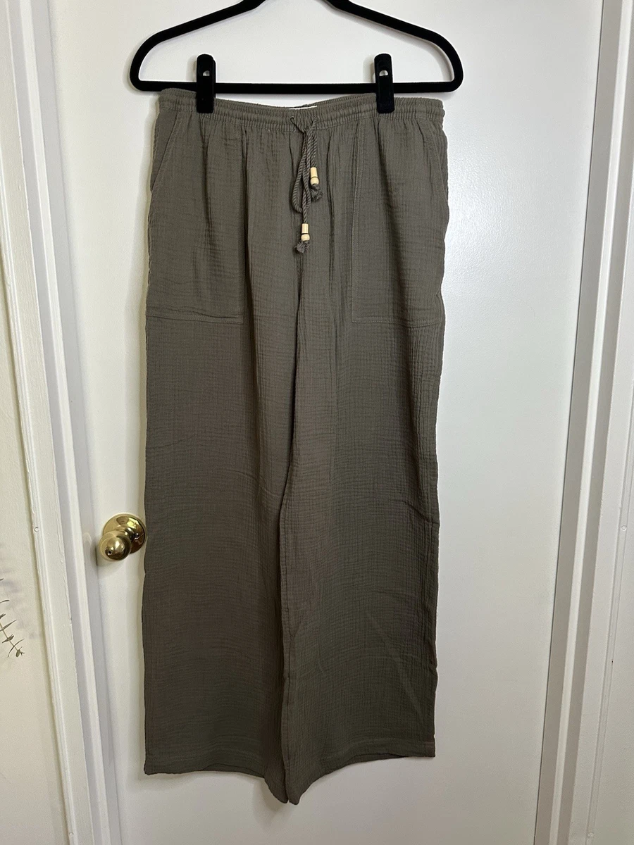 NUEVO CON ETIQUETAS H&M Mujer Muselina Algodón Pull On Pantalones Medianos Caqui Oscuro Verde