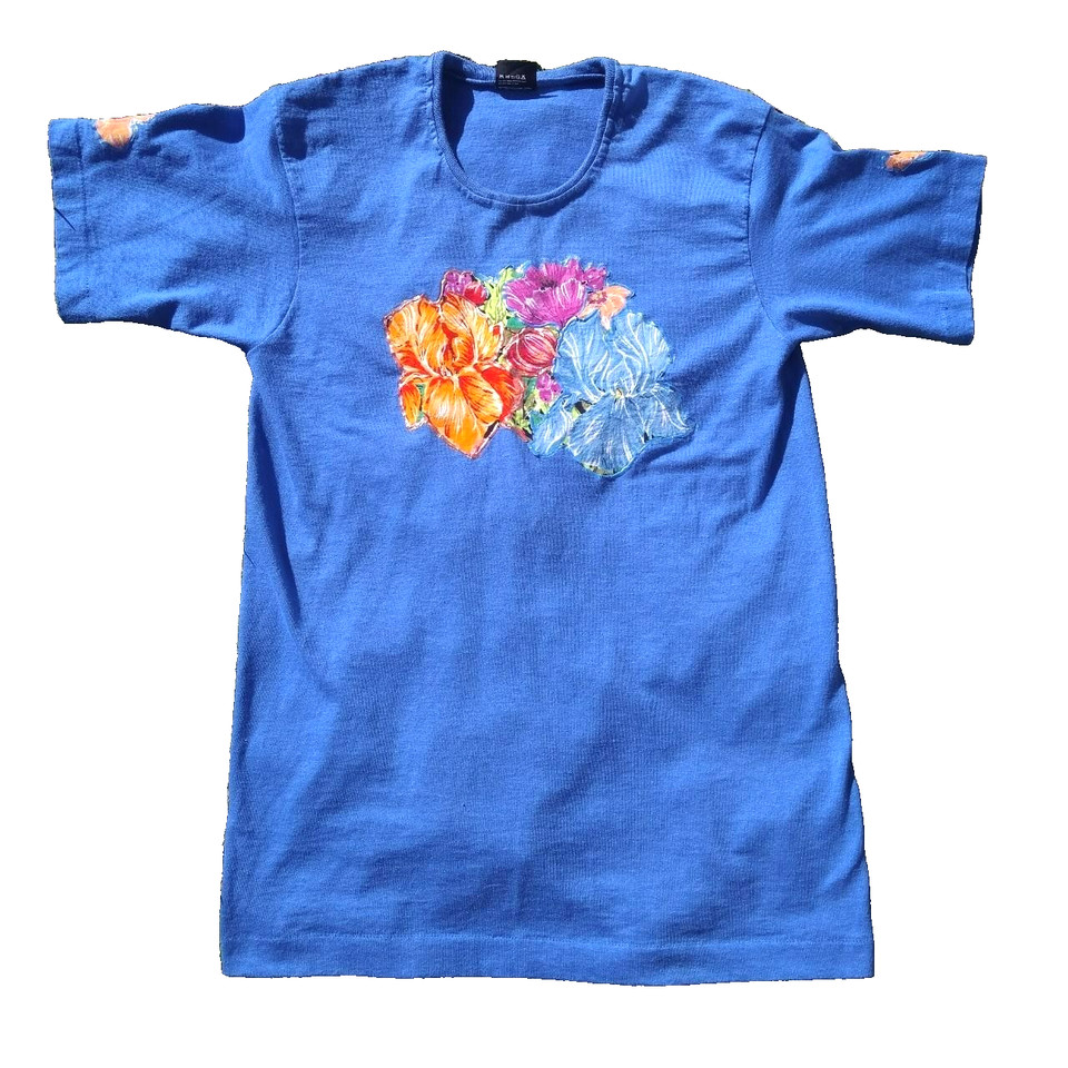 Vintage Floral Tshirt Womens Size Medium Blue Single Stitch Short Sleeve Tee