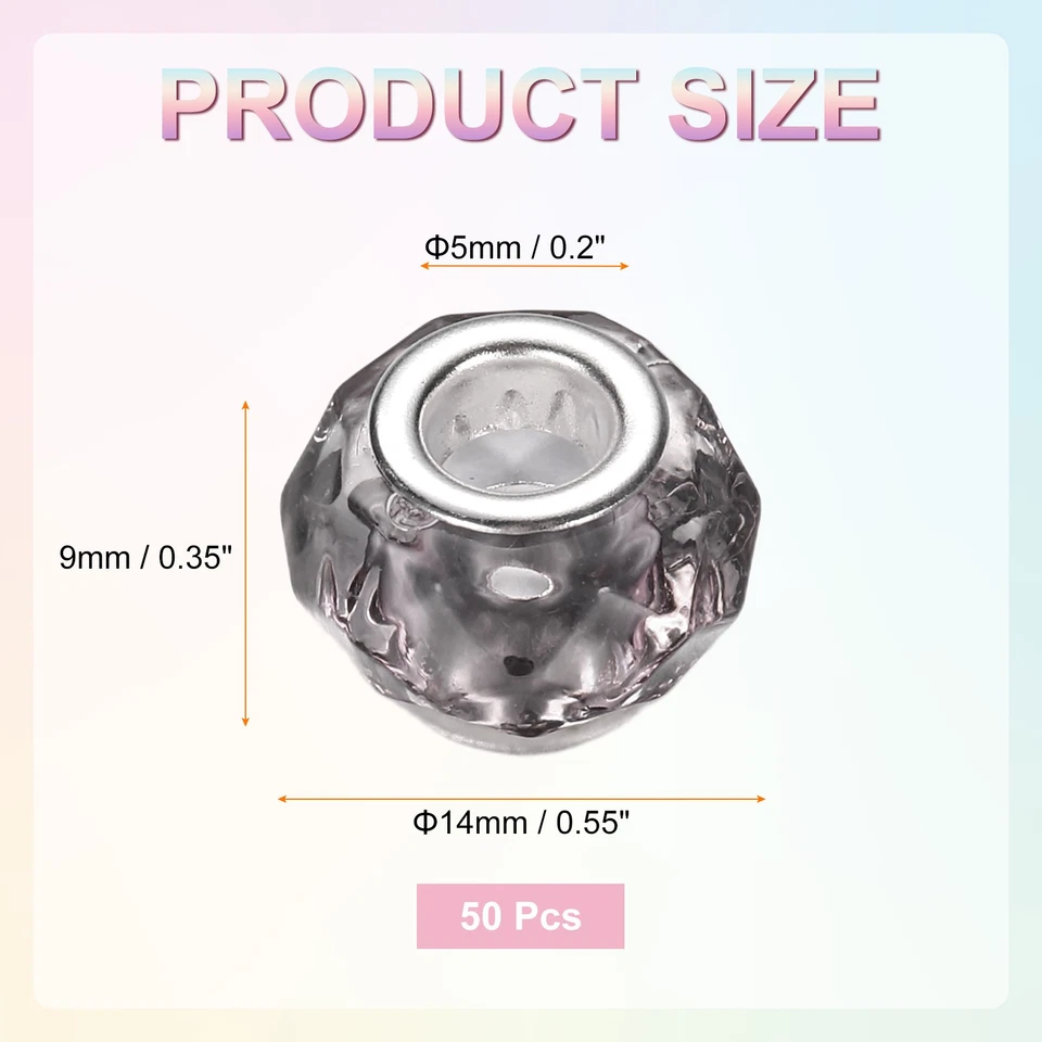 50Pcs 14mm Large Hole Acrylic Beads Pale Grey European Loose Faceted Bead Foto 2 de 4