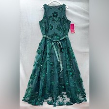 NWT Tahari Arthur S Levine Dark Green Velvet Lace Sequined Dress sz 12 Tie Waist