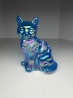Fenton Blue Iridescent Glass Hand Painted Sitting Cat 3.5" MINT