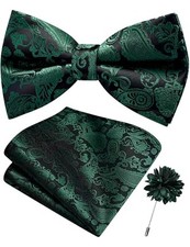 Branduce Paisley Pre-tied Bow Tie and Pocket Square Lapel Pin Set Emerald Green