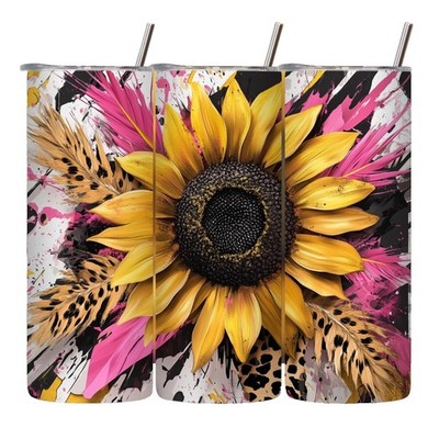 3D Effect Sunflower  Feathers Gift  20oz Tumbler Insulated Travel Mug