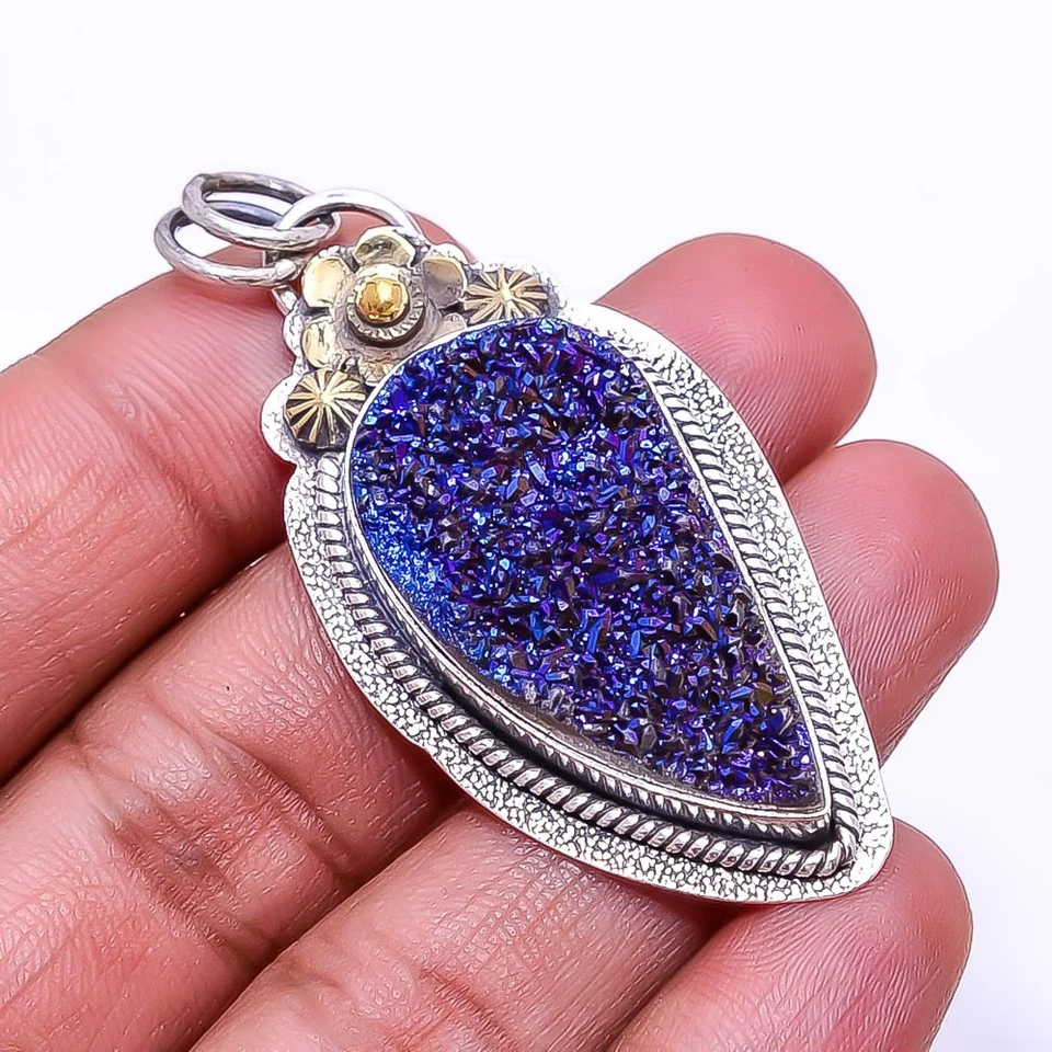 Colgante de plata de ley 925 de dos tonos oxidado druso ágata titanio azul 2,15" P5 Foto 3 de 4