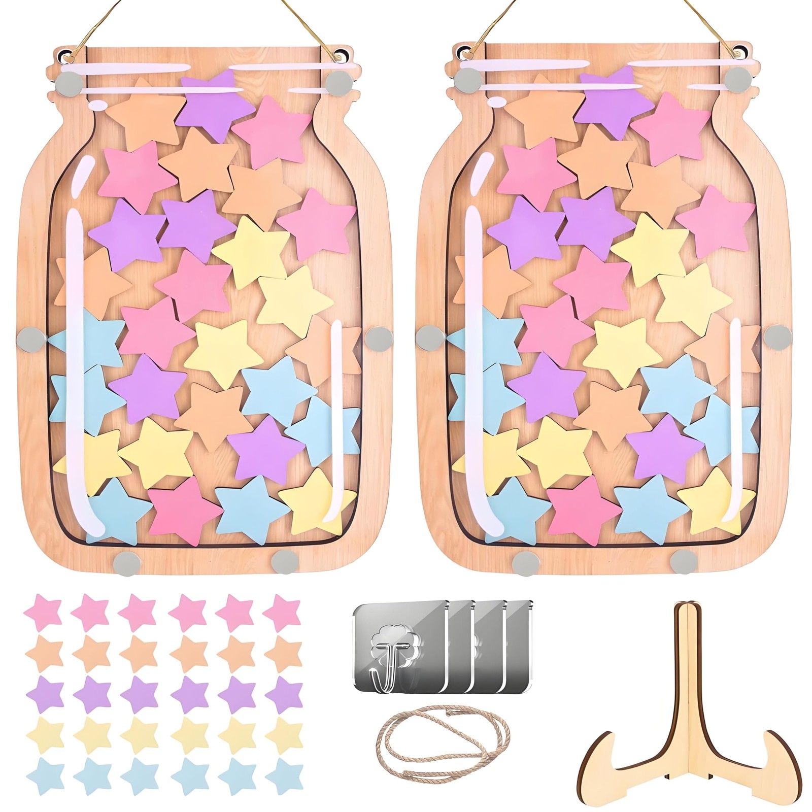 Lot de 2 bocaux de recompense en bois avec 60 jetons etoiles multicolor