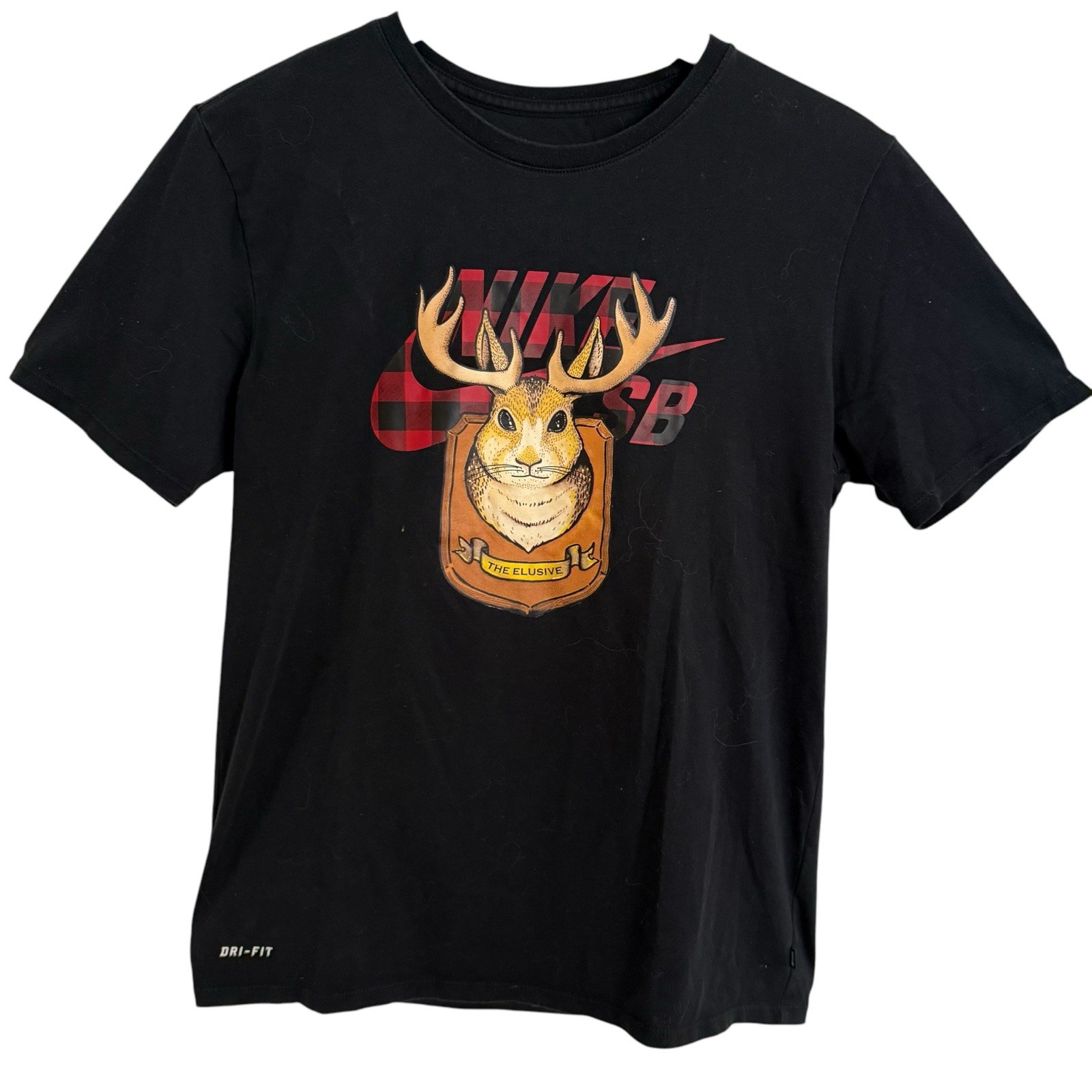 Nike SB Dunk Jackalope Dri Fit Men's Medium Black Plaid Graphic Tee Shirt