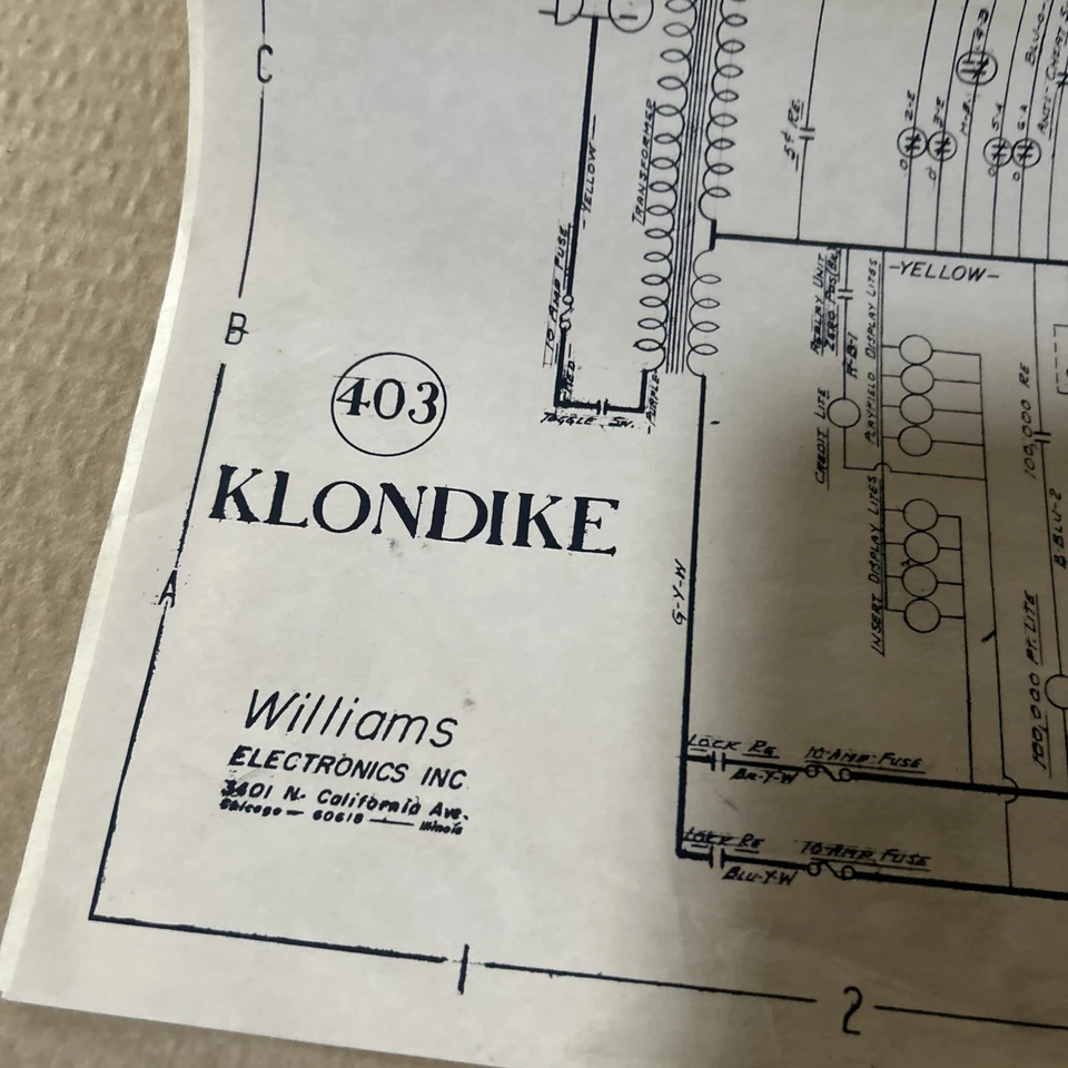 original Factory Schematics Klondike Williams pinball MACHINE Owners manual - Image 2 of 3