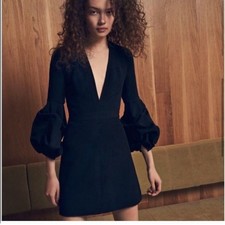 Alexis fia Plunging Gathered-Sleeve Crepe dress in black LBD Sz M