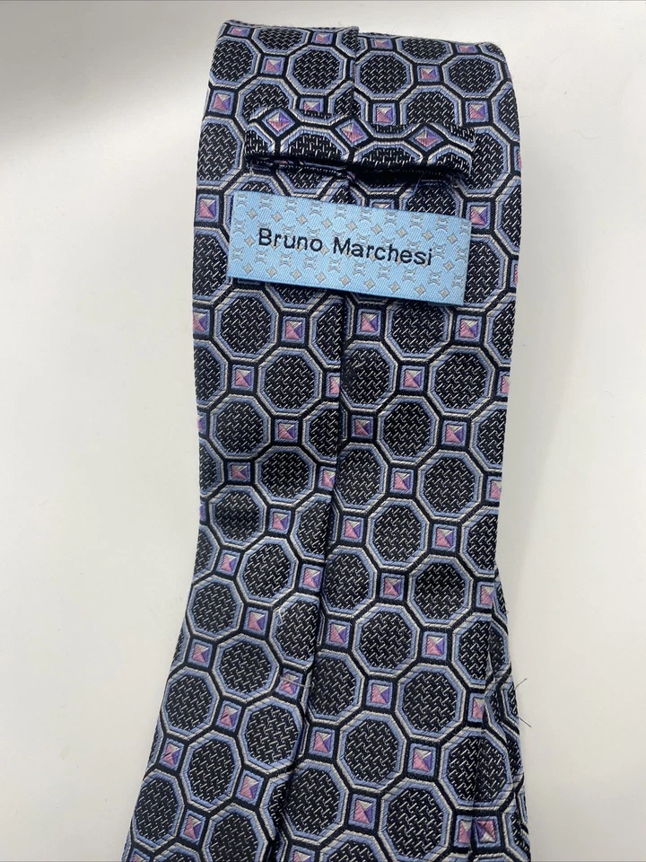 Impresionante corbata de seda BRUNO MARCHESI, negro rosa púrpura plata hecha a mano 3x62’ Foto 3 de 4