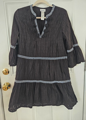 Tommy Bahama Black Lace Eyelet Dress Embroidered Trim Bell Sleeve Tiered XS
