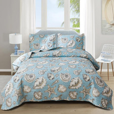 3 Piece Beach Quilts Set Ocean Theme Bedspreads Reversible Bedding Pillow Shams