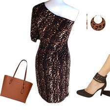 Calvin Klein One Shoulder Side Drape Dress Size 12 Nwt Cheetah Leopard  Ret 189