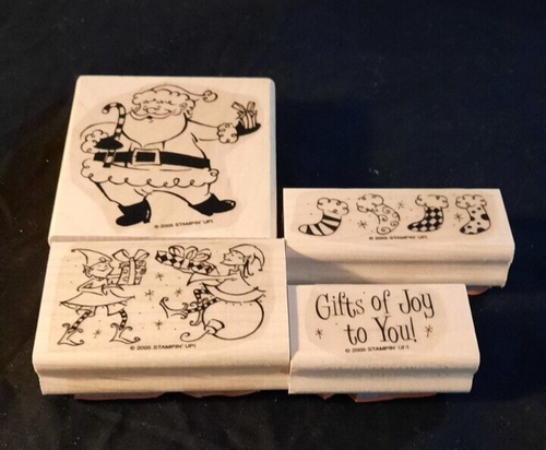 2006 "GIFTS OF JOY" WOOD-MOUNTED RUBBER STAMP SET BY STAMPIN UP SET OF 4 - Foto 1 di 11