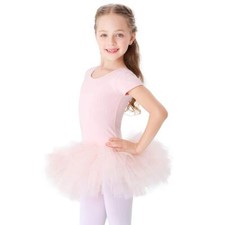Girls Cotton Ballet Dance Dress Cute Tutu Skirted Leotard Short Sleeve Pink S...