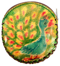 Peacock Coin Purse Hand Made Embossed Genuine Leather Wallet Pouch