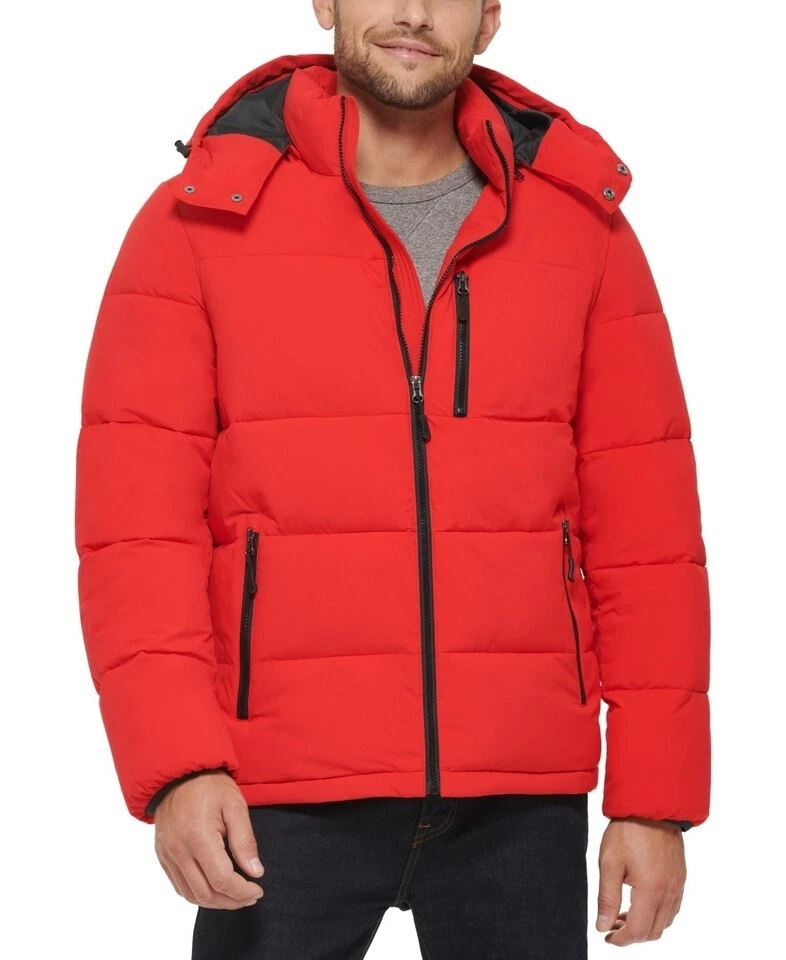 Club Room Mens Regular fit Puffer Jacket Coat Solid Hooded, Red, XL