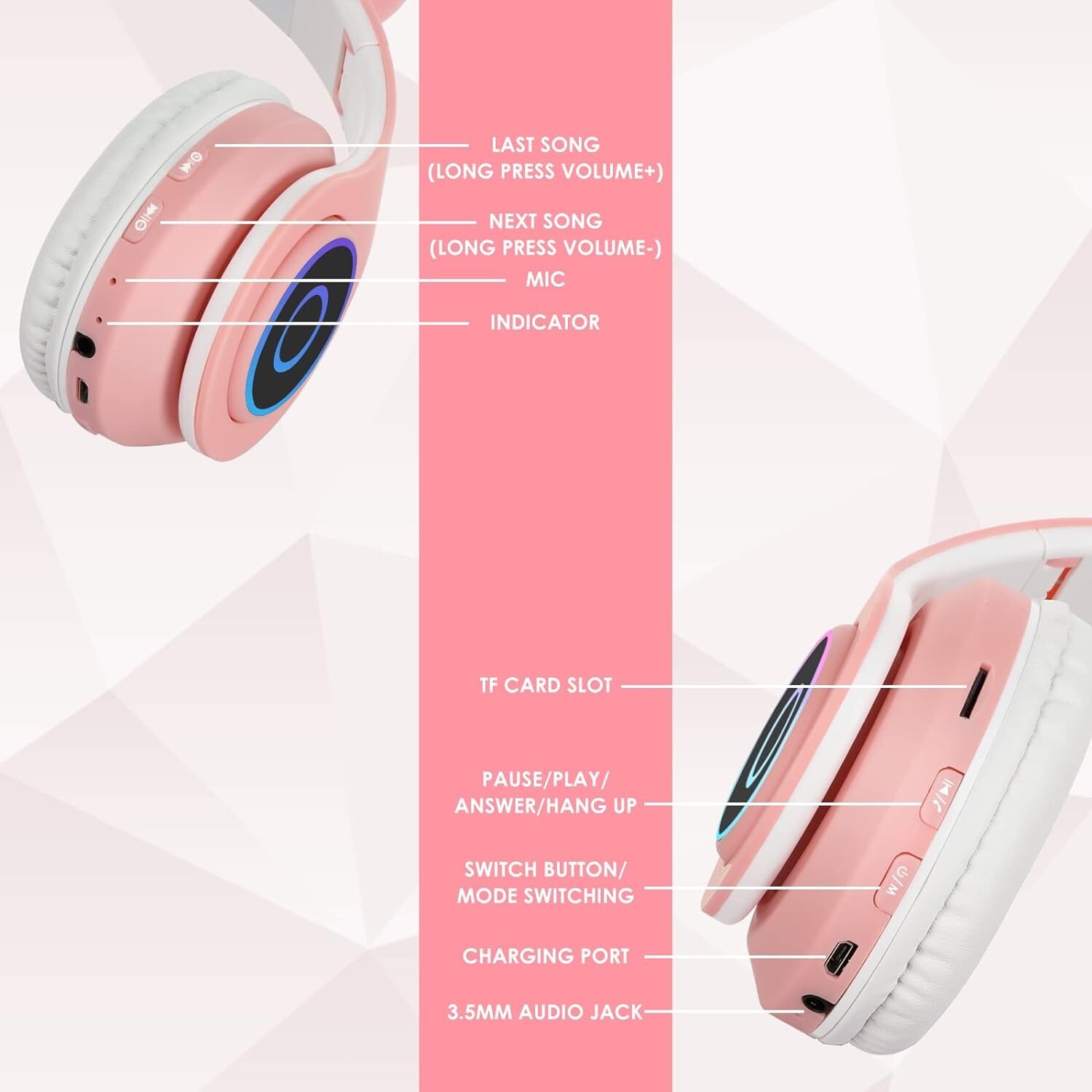 Sendowtek Cuffie Bluetooth Gatto per Bambini e Ragazze | Audio Sicuro LED - 2