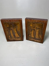 Vintage Hand Made Copper Plate & Wood Print Embossed Plate Bookend Sailboats